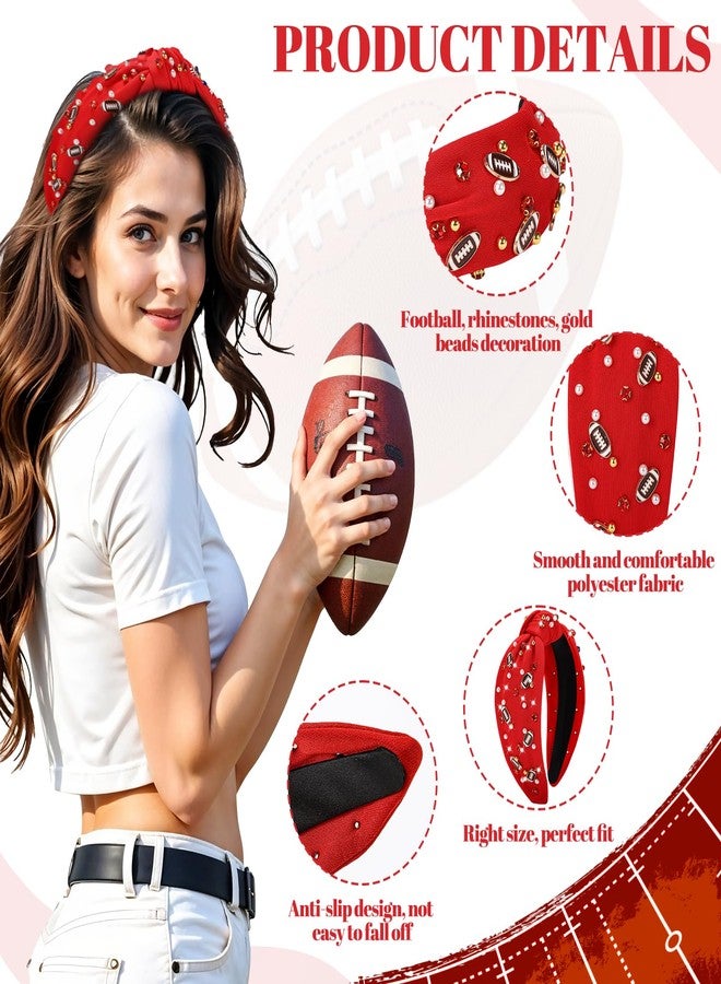obeoby Football Headband for Women, Knotted Headbands Wide Pearl Rhinestone Hairband Red Hair Accessories for Footballs Mom Fans Gifts - Image 4